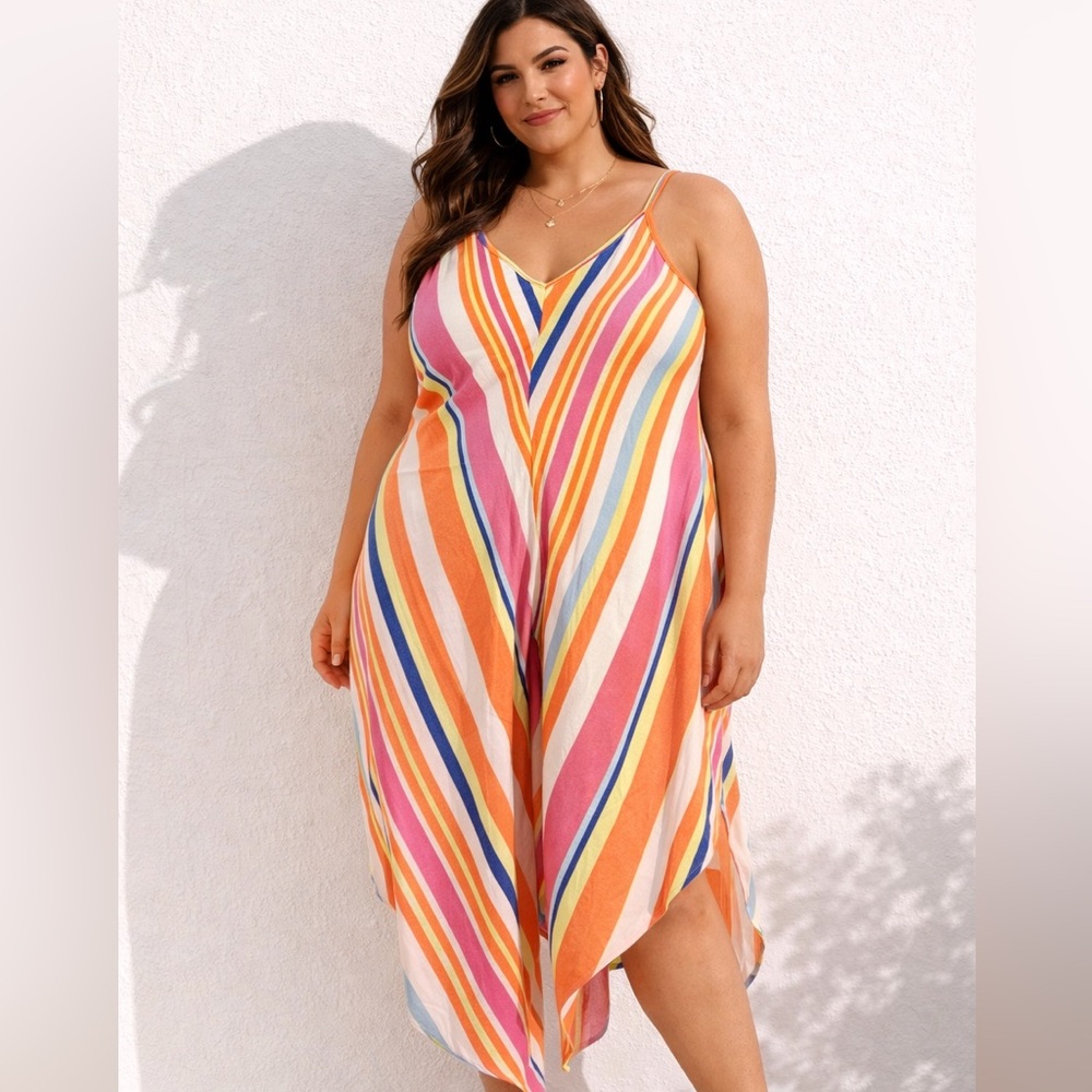Linen blend Multicolor Striped Spaghetti Strap Jumpsuit Romper XL